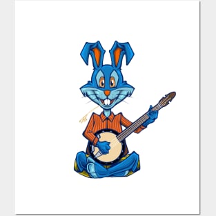 Cartoon bunny playing banjo Posters and Art